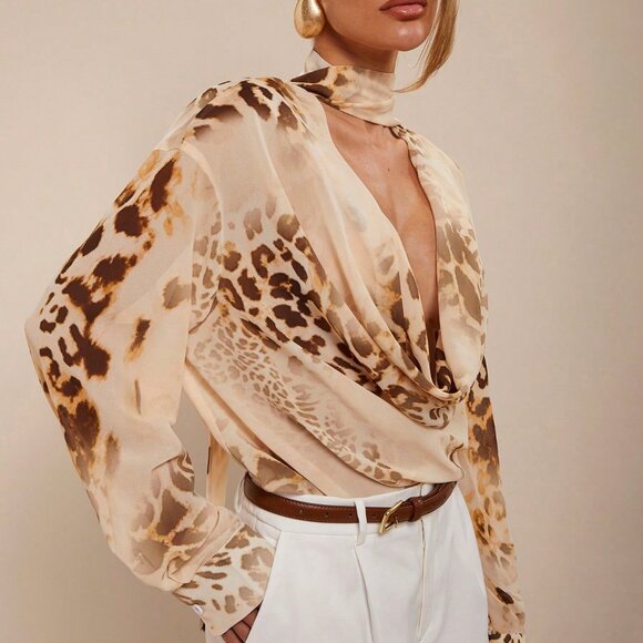Sexy Women's Elegant Resort Leopard Print Chiffon Ruffled Collar Blouse - Picture 1 of 7